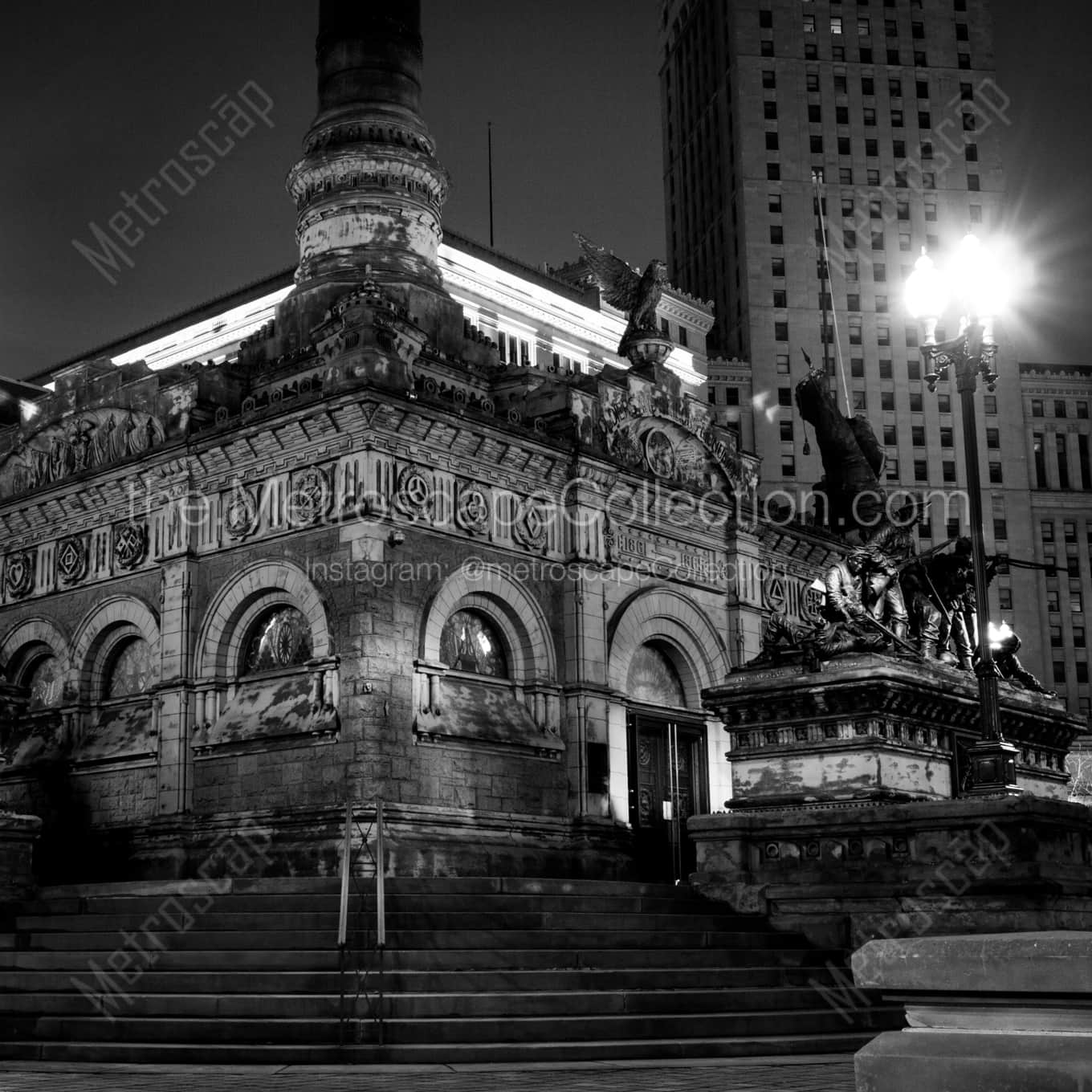 The Soldiers and Sailors Monument at night landscape black and white Photography square crop