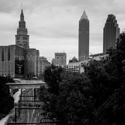 Matte Black WOOD Framed Black and White Cleveland Photograph: Cleveland Skyline over Railway in a Square Matte Black Wood Frame