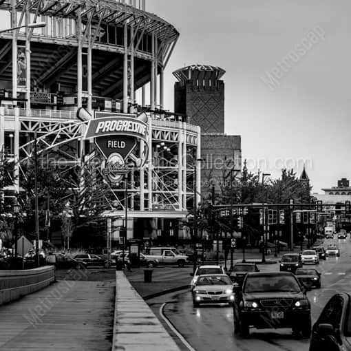 Matte Black WOOD Framed Black and White Cleveland Photograph: Progressive Field at Carnegie and Ontario in a Square Matte Black Wood Frame