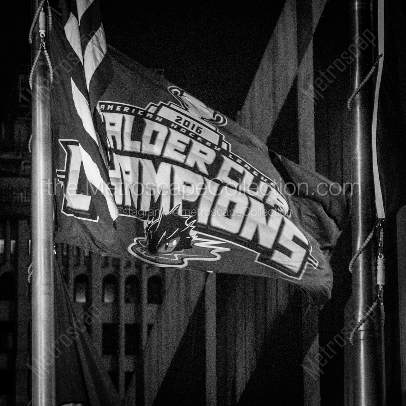 The Cleveland Monsters Calder Cup Champions Flag outside the Q landscape black and white Photography The Cleveland Monsters Calder Cup Champions Flag outside the Q landscape black and white Photography square crop