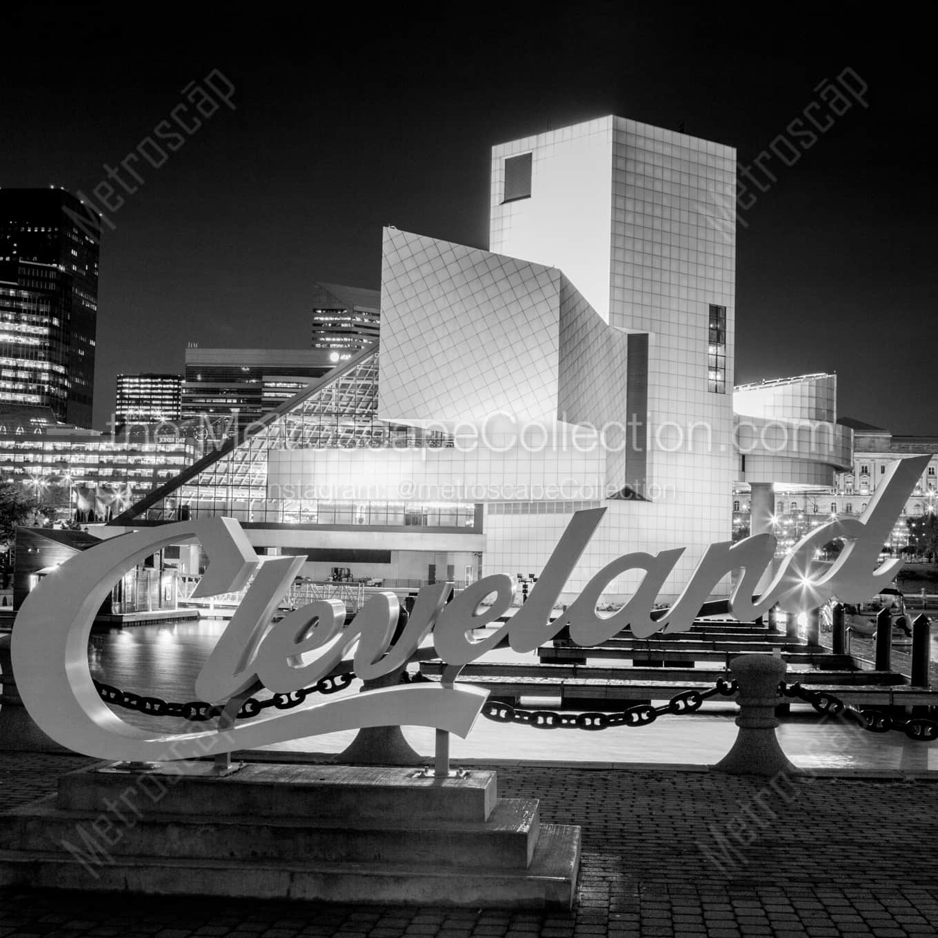 The Rock and Roll Hall of Fame and Museum at Night landscape black and white Photography square crop