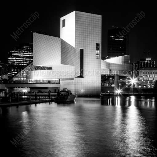 Matte Black WOOD Framed Black and White Cleveland Photograph: The Rock and Roll Hall of Fame at Night in a Square Matte Black Wood Frame