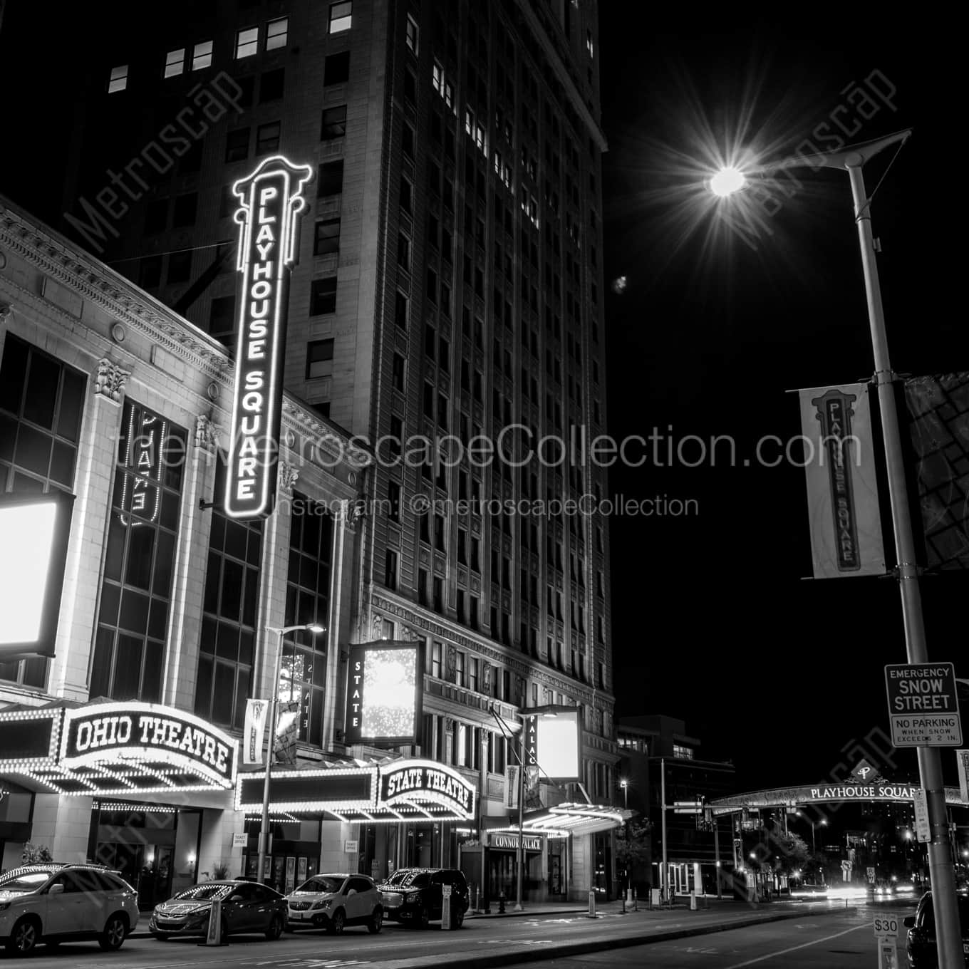 The Ohio Theater in Playhouse Square at Night landscape black and white Photography square crop