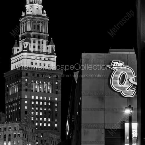 Matte Black WOOD Framed Black and White Cleveland Photograph: The Q and Terminal Tower at Night in a Square Matte Black Wood Frame