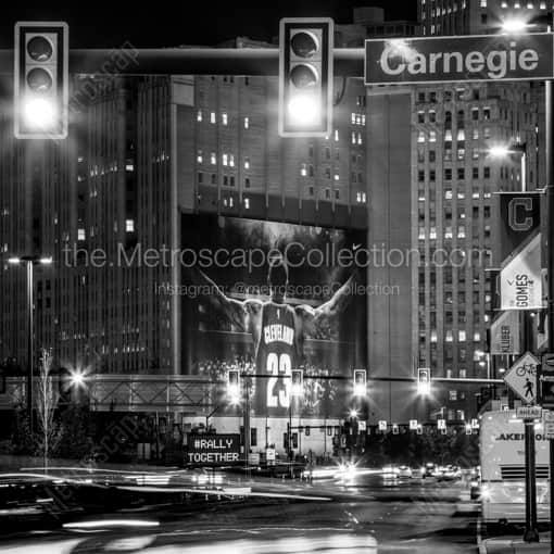 Matte Black WOOD Framed Black and White Cleveland Photograph: Ontario Street at Carnegie Street at Night in a Square Matte Black Wood Frame