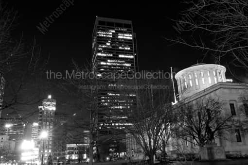 Columbus Black and White Photography of The Rhodes State Office Tower and Ohio Statehouse The Rhodes State Office Tower and Ohio Statehouse -- Columbus Black and White Photography