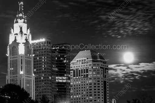 Columbus Black and White Photography of The Moonrises Behind the Columbus Skyline The Moonrises Behind the Columbus Skyline -- Columbus Black and White Photography