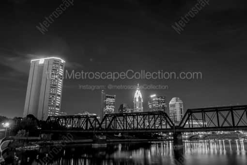 Columbus Black and White Photography of A Train Bridge Spans the Scioto River in Downtown Columbus A Train Bridge Spans the Scioto River in Downtown Columbus -- Columbus Black and White Photography