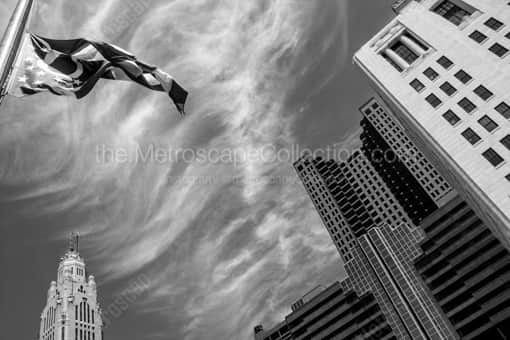 Columbus Black and White Photography of The Ohio Flag Waves Above the Columbus Skyline The Ohio Flag Waves Above the Columbus Skyline -- Columbus Black and White Photography