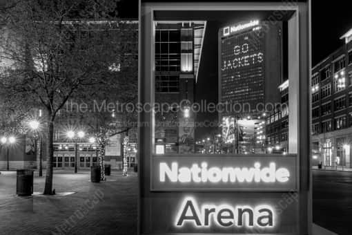 Columbus Black and White Photography of Go Jackets in the Nationwide Building through the Nationwide Arena Sign Go Jackets in the Nationwide Building through the Nationwide Arena Sign -- Columbus Black and White Photography