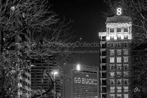 Columbus Black and White Photography of The Nationwide Building with Go Bucks and 8 East Broad Street at Night The Nationwide Building with Go Bucks and 8 East Broad Street at Night -- Columbus Black and White Photography