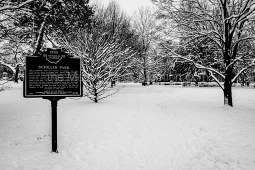 Columbus Black and White Photography of The Schiller Park Ohio Historical Marker in the Snow The Schiller Park Ohio Historical Marker in the Snow -- Columbus Black and White Photography