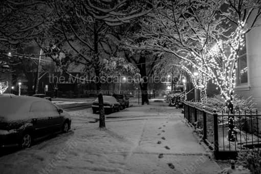 Columbus Black and White Photography of A Snowy German Village Brick Sidewalk at Night A Snowy German Village Brick Sidewalk at Night -- Columbus Black and White Photography