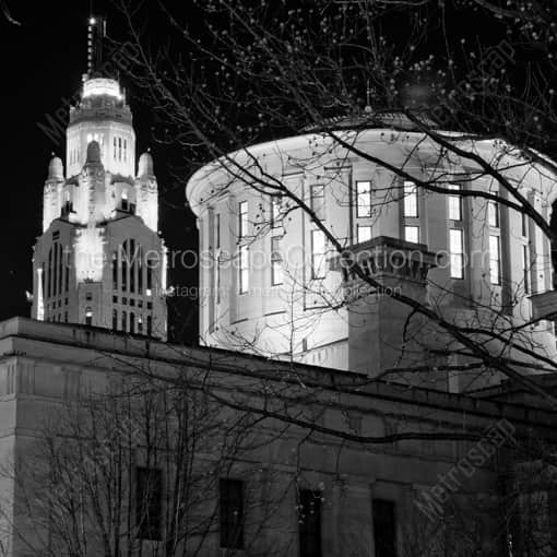 Matte Black WOOD Framed Black and White Columbus Photograph: The Statehouse Rotunda and Top of LeVeque Tower in a Square Matte Black Wood Frame