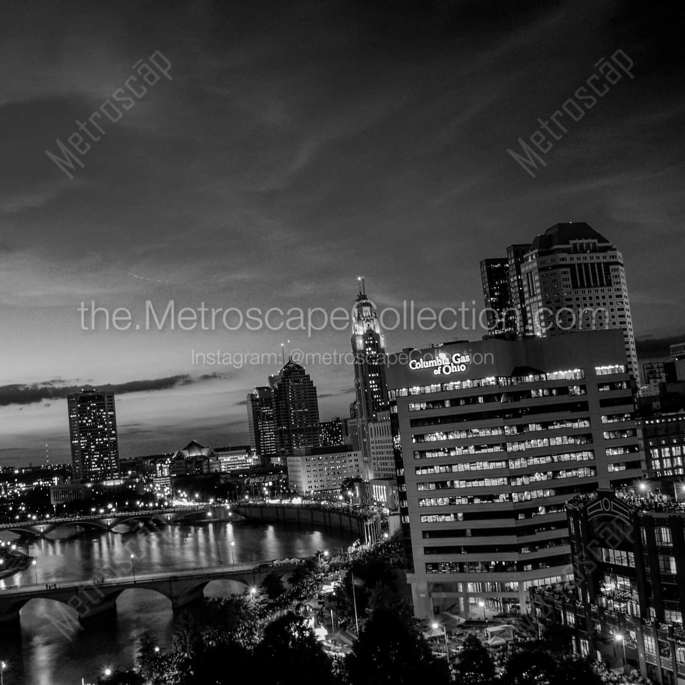 The Columbus Skyline at Dusk from Waterford Tower landscape black and white Photography square crop