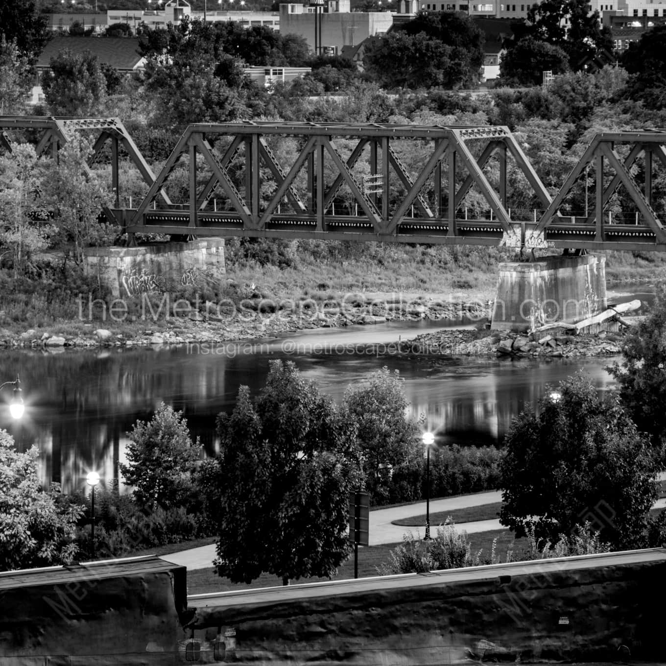 A Railroad Bridge over the Scioto River in Downtown Columbus landscape black and white Photography square crop