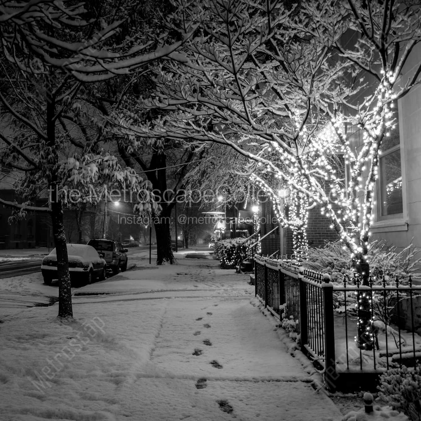 A Snowy German Village Brick Sidewalk at Night landscape black and white Photography A Snowy German Village Brick Sidewalk at Night landscape black and white Photography square crop