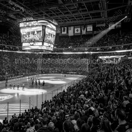 Matte Black WOOD Framed Black and White Columbus Photograph: The National Anthem inside Nationwide Arena in a Square Matte Black Wood Frame
