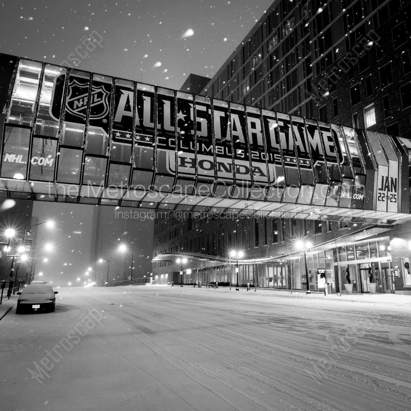 The Downtown Columbus Hilton Foot Bridge during the 2015 NHL All-Star Game landscape black and white Photography square crop