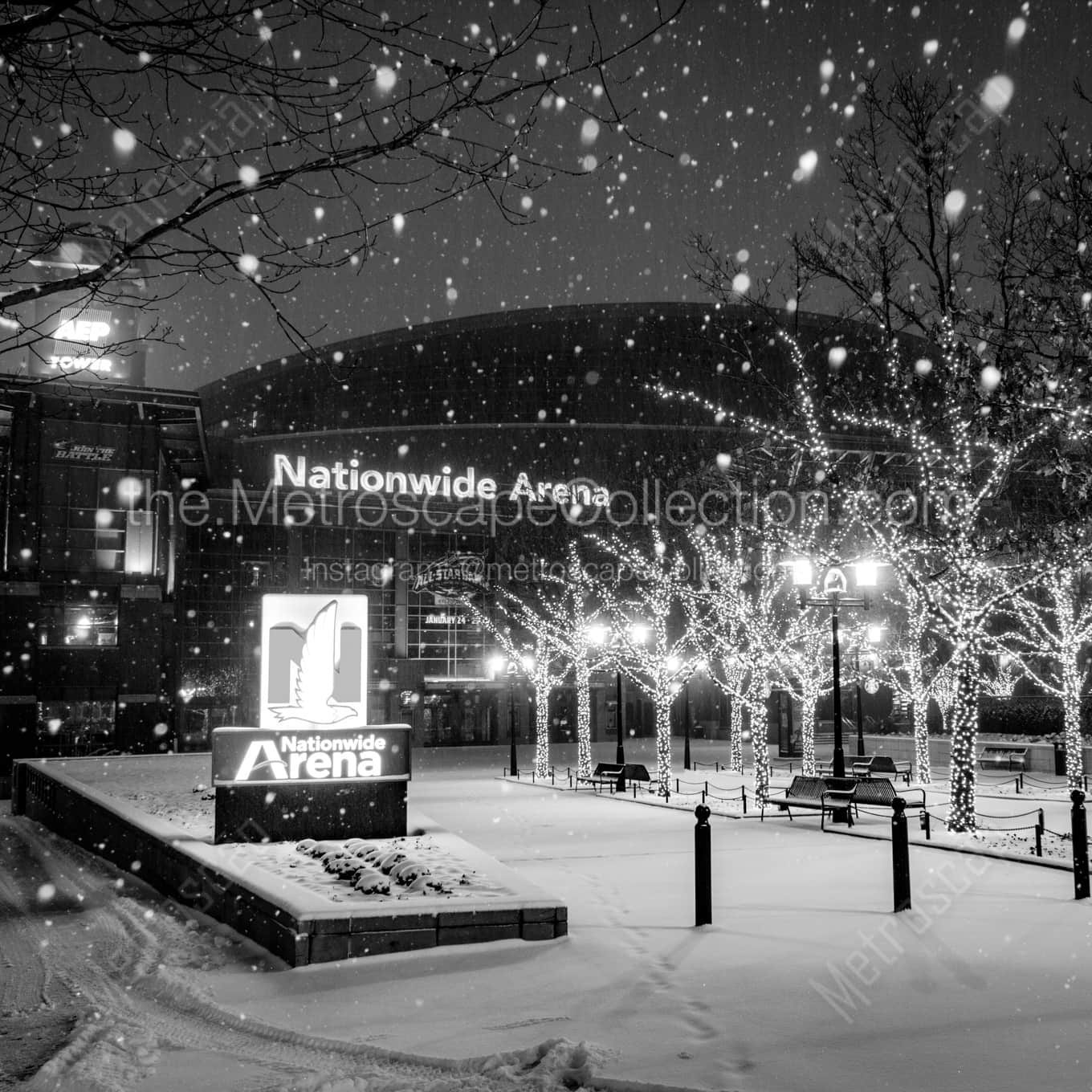 Nationwide Arena in Snowfall at Night landscape black and white Photography Nationwide Arena in Snowfall at Night landscape black and white Photography square crop