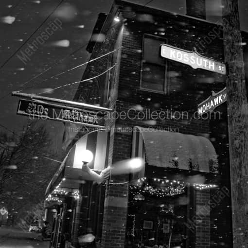 Matte Black WOOD Framed Black and White Columbus Photograph: The Olde Mohawk in a Snowstorm in a Square Matte Black Wood Frame