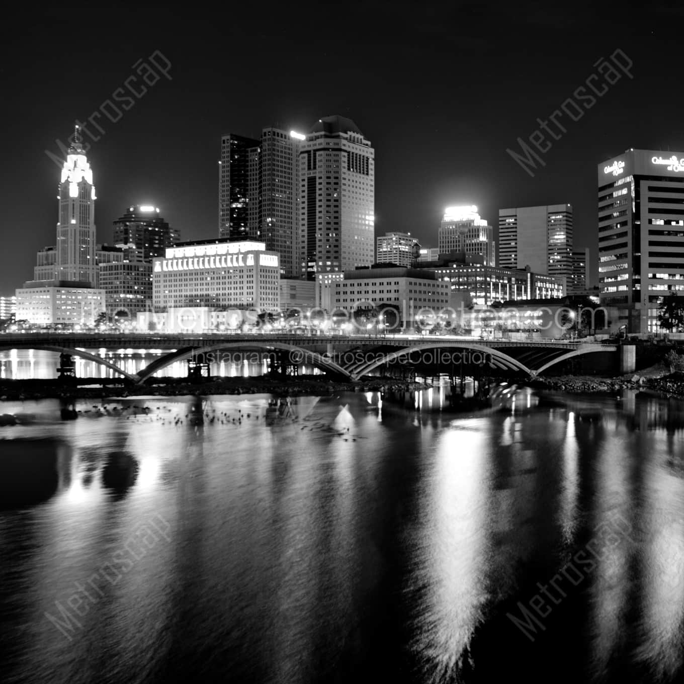 The Columbus Skyline and Town Street Bridge landscape black and white Photography square crop