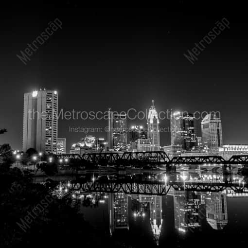Matte Black WOOD Framed Black and White Columbus Photograph: The Columbus Skyline Reflecting in the Scioto River in a Square Matte Black Wood Frame