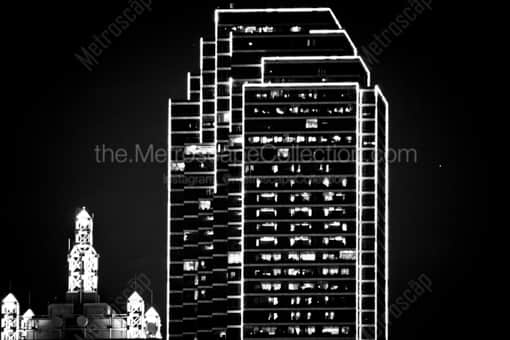 Dallas Black and White Photography of The Neon Green Outlines of the Bank of America Building The Neon Green Outlines of the Bank of America Building -- Dallas Black and White Photography