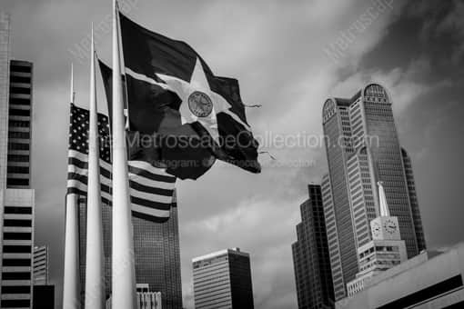 Dallas Black and White Photography of Dallas, Texas and United States Flags outside of Dallas City Hall Dallas, Texas and United States Flags outside of Dallas City Hall -- Dallas Black and White Photography