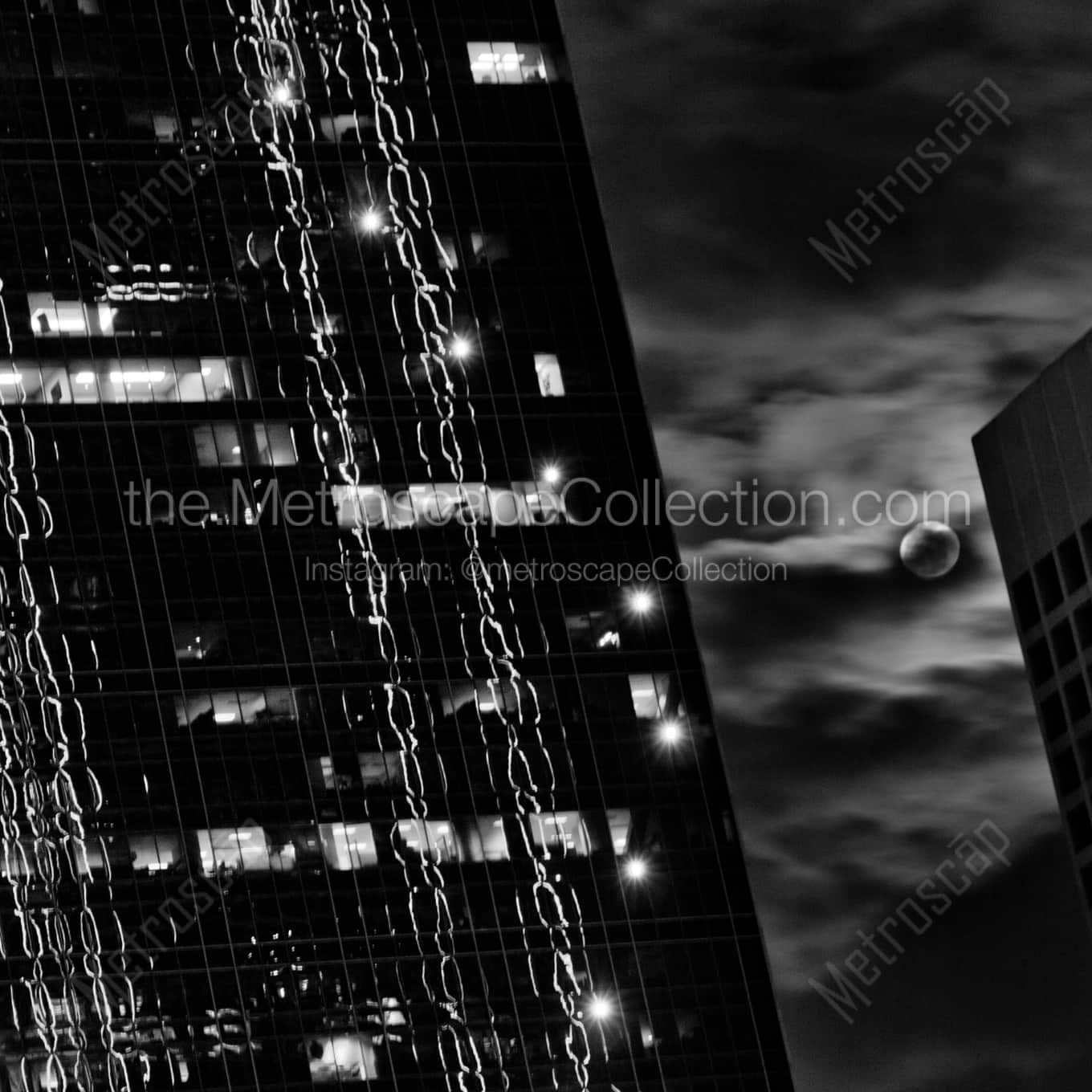 A Moon Rises over Dallas landscape black and white Photography square crop