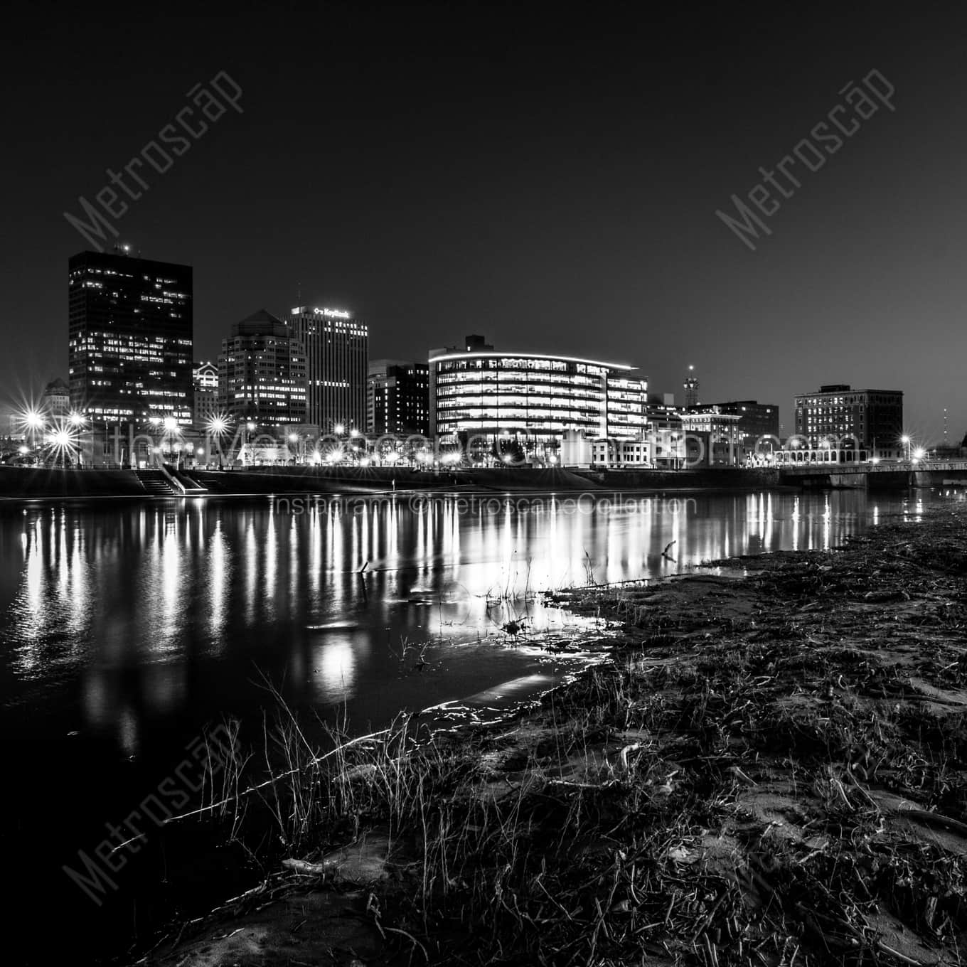 The Dayton Skyline on the Great Miami River landscape black and white Photography square crop