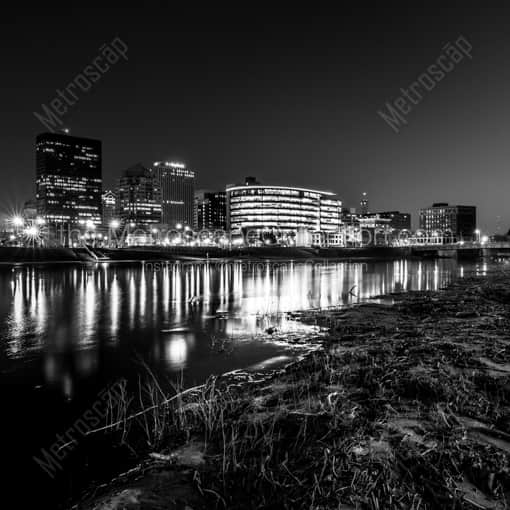 Matte Black WOOD Framed Black and White Dayton Photograph: The Dayton Skyline on the Great Miami River in a Square Matte Black Wood Frame