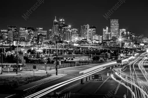 Denver Black and White Photography of The Denver Skyline at Night above Colfax Avenue The Denver Skyline at Night above Colfax Avenue -- Denver Black and White Photography