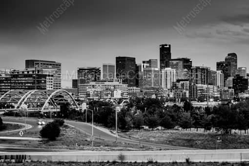 The Denver Skyline and I-25 at Dusk -- Denver Black and White Photography