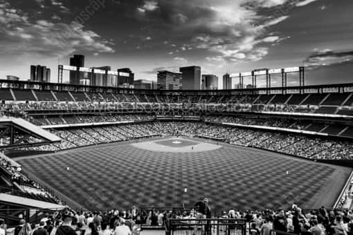 Coors Field and Downtown Denver from the Center Field Bleachers at Coors Field -- Denver Black and White Photography