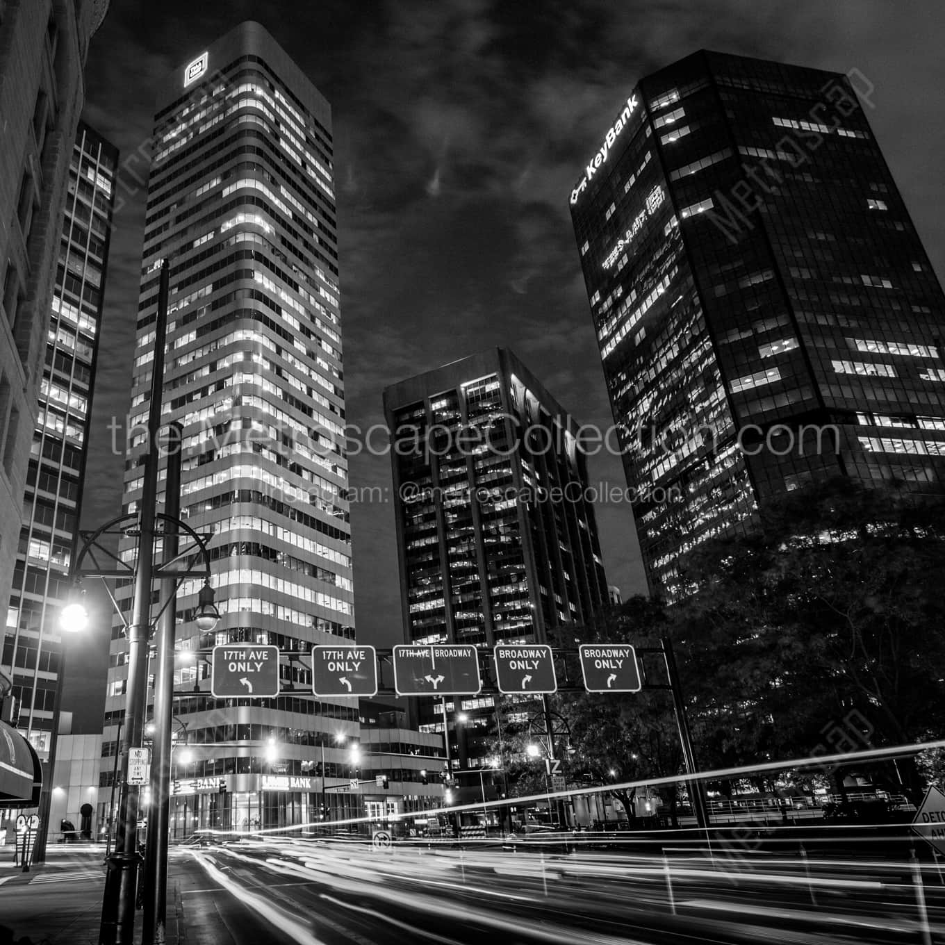 The Intersection of Broadway and 17th in Downtown Denver landscape black and white Photography The Intersection of Broadway and 17th in Downtown Denver landscape black and white Photography square crop
