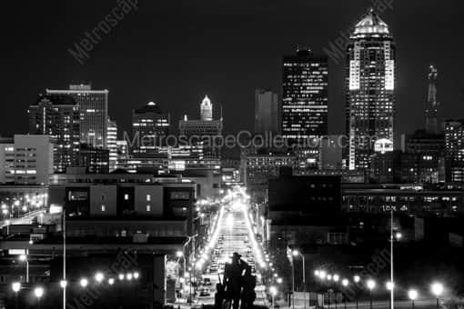 Des Moines Black and White Photos of Downtown Des Moines Skyline at Night from Capitol Downtown Des Moines Skyline at Night from Capitol -- Des Moines Black and White Photos