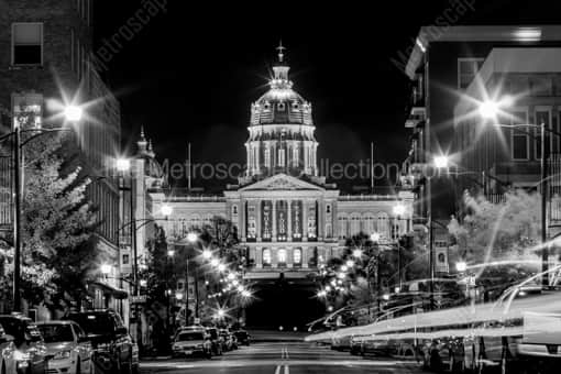 The Iowa Capitol Building at Night -- Des Moines Black and White Photos