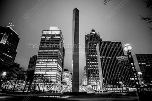 Detroit Black and White Photography of The Stainless Steel Pylon in Hart Plaza and Downtown Detroit Skyline The Stainless Steel Pylon in Hart Plaza and Downtown Detroit Skyline -- Detroit Black and White Photography