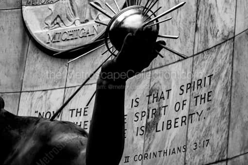 Detroit Black and White Photography of The Inscription on the Spirit of Detroit Statue The Inscription on the Spirit of Detroit Statue -- Detroit Black and White Photography