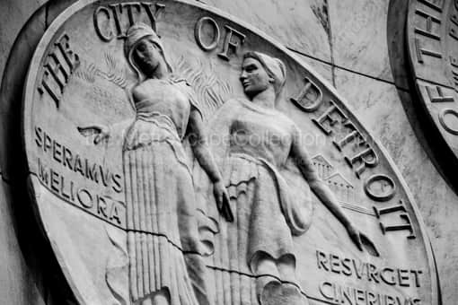 Detroit Black and White Photography of The Seal of the City of Detroit on the Spirit of Detroit Sculpture The Seal of the City of Detroit on the Spirit of Detroit Sculpture -- Detroit Black and White Photography