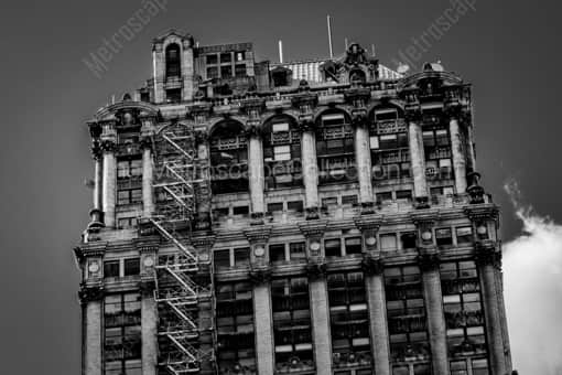 Detroit Black and White Photography of The Fire Escape on the Exterior of the Book Tower The Fire Escape on the Exterior of the Book Tower -- Detroit Black and White Photography