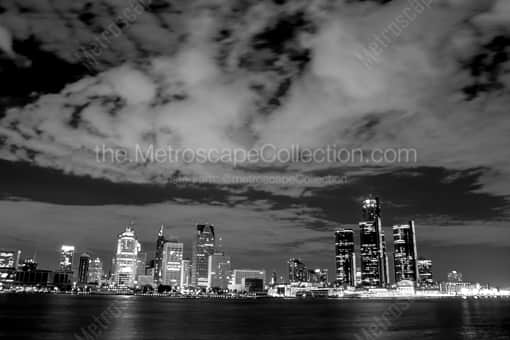 The Detroit Skyline on the Detroit River -- Detroit Black and White Photography