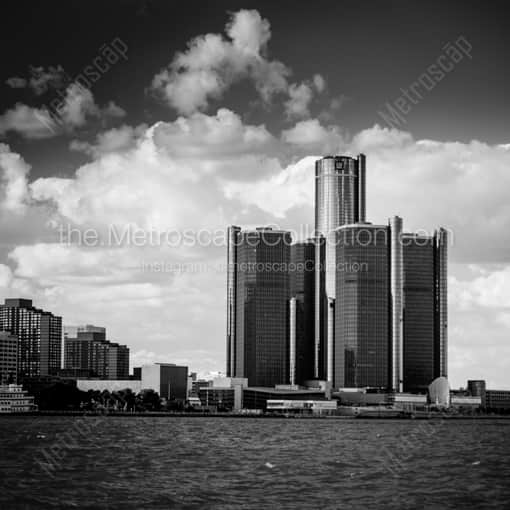 Matte Black WOOD Framed Black and White Detroit Photograph: Renaissance Place in a Square Matte Black Wood Frame