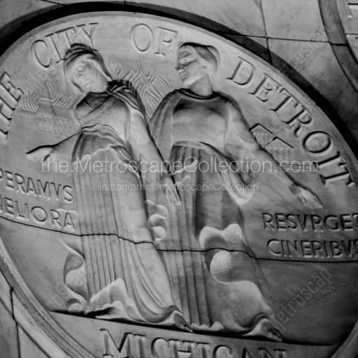 Matte Black WOOD Framed Black and White Detroit Photograph: The City of Detroit Seal at Night in a Square Matte Black Wood Frame