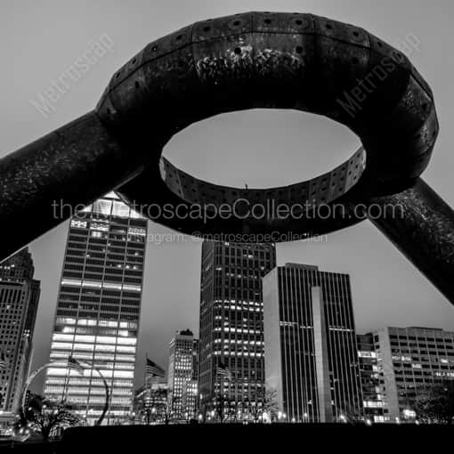 Matte Black WOOD Framed Black and White Detroit Photograph: The Horace Dodge Fountain in Hart Plaza in a Square Matte Black Wood Frame