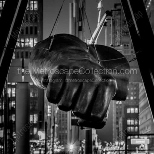Matte Black WOOD Framed Black and White Detroit Photograph: The Joe Louis Fist at Night in a Square Matte Black Wood Frame