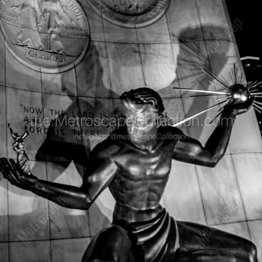 Matte Black WOOD Framed Black and White Detroit Photograph: The Spirit of Detroit at Night in a Square Matte Black Wood Frame