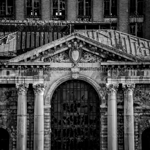 Matte Black WOOD Framed Black and White Detroit Photograph: The Abandoned Detroit Train Station in a Square Matte Black Wood Frame