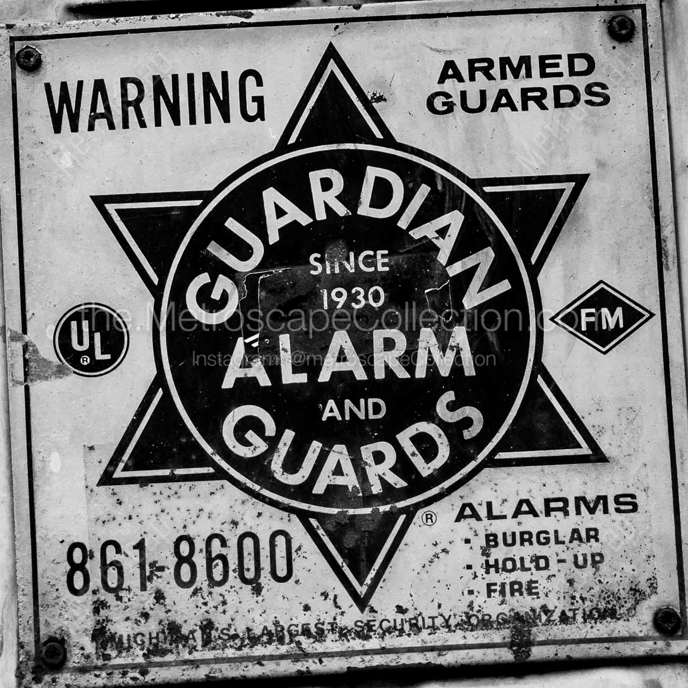 Guardian Alarm and Guards Sign landscape black and white Photography Guardian Alarm and Guards Sign landscape black and white Photography square crop